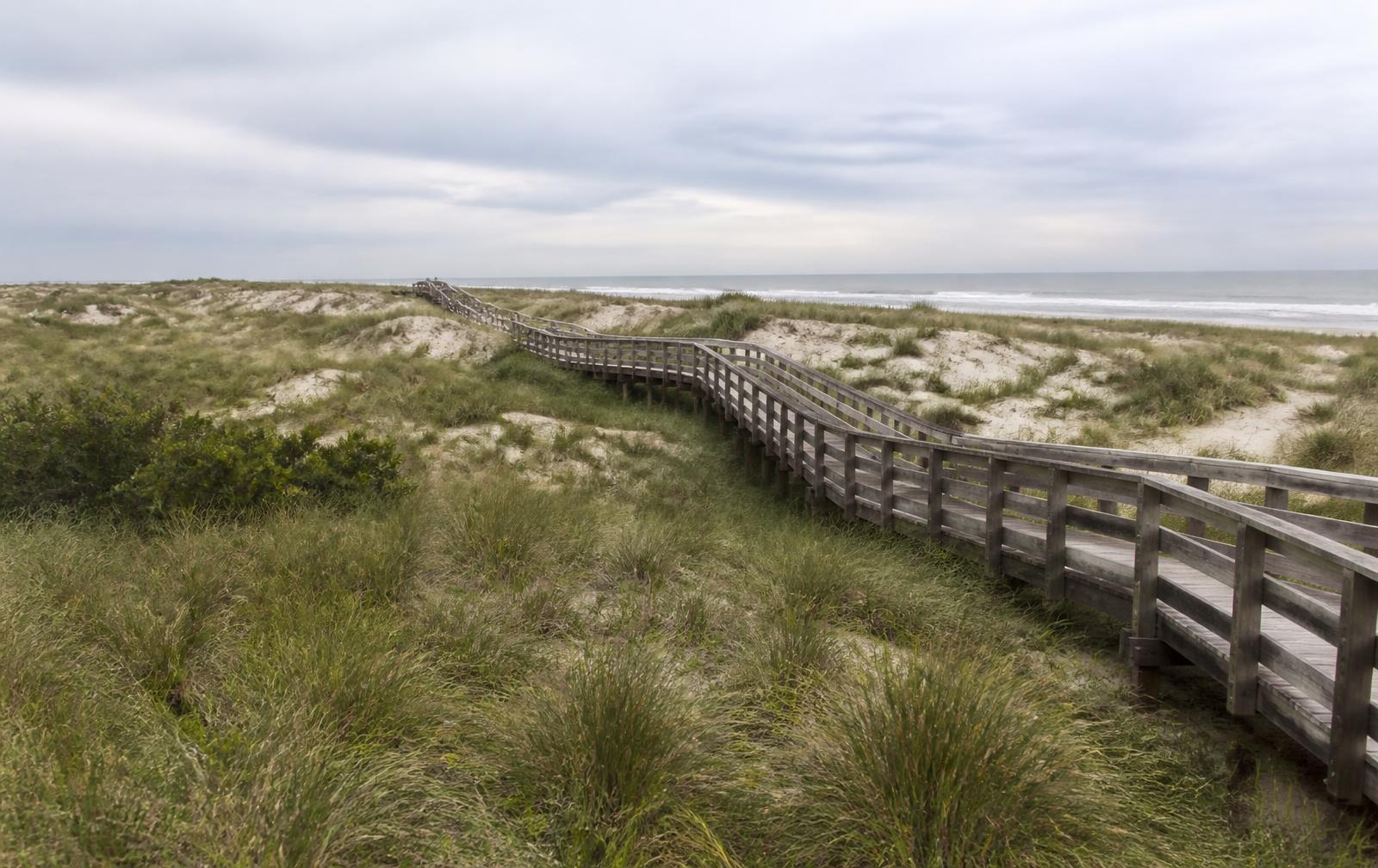 Elevated wooden boardwalk crossing the restored dune cordon at Meia Praia